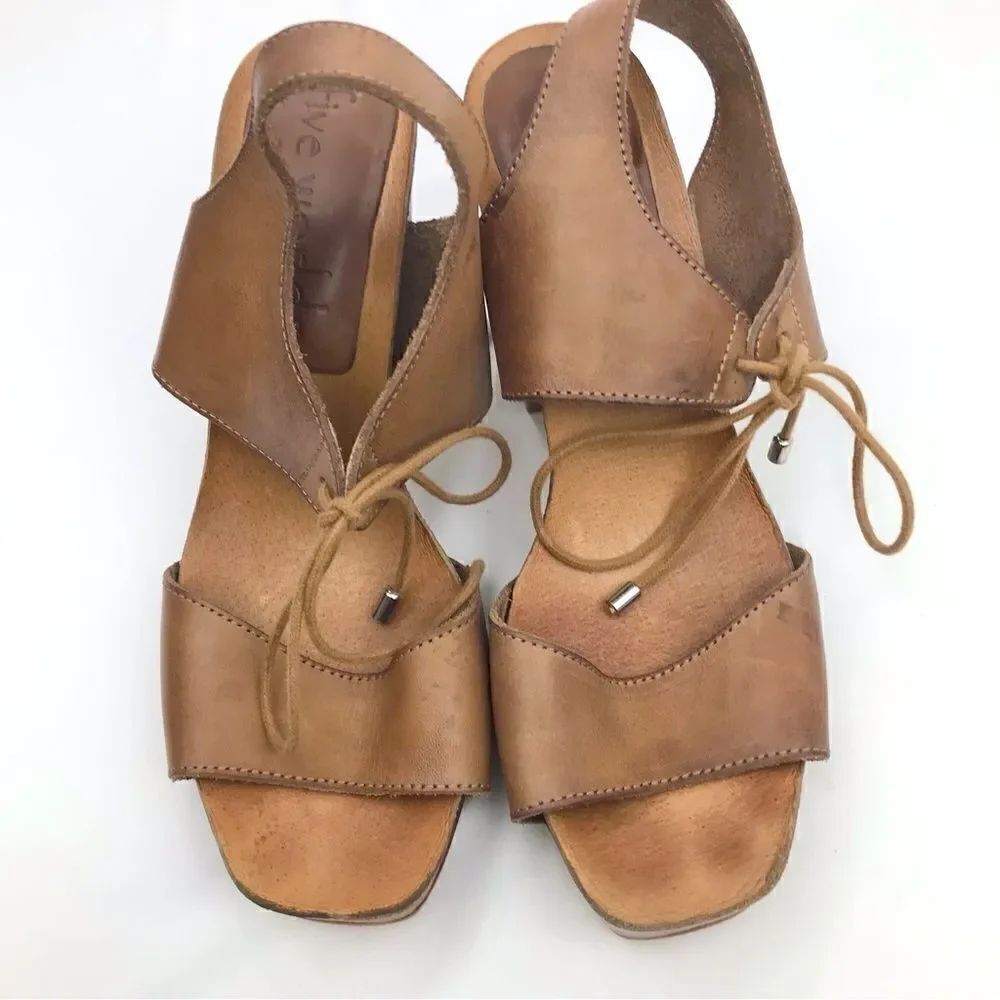 Five Worlds Brown Leather Lace Tie Stacked Heel Platform Sandals